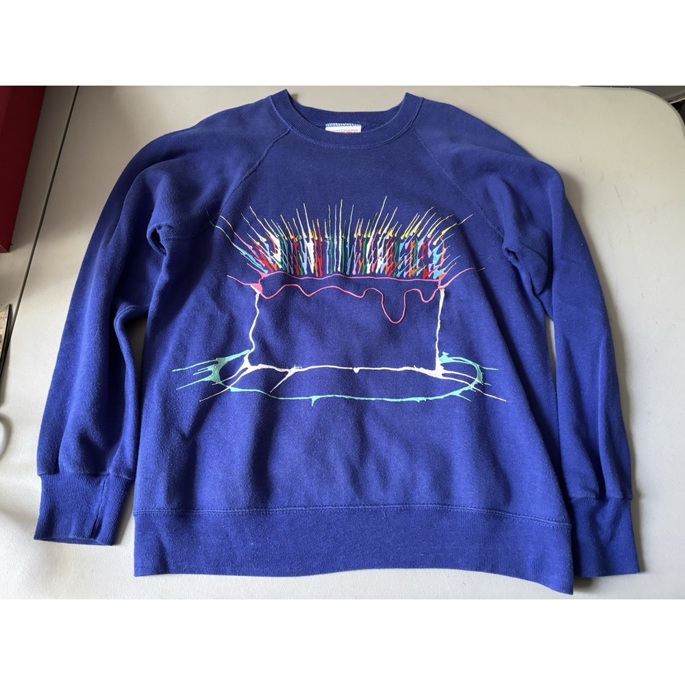 Vtg Birthday Cake Painted Sweatshirt Blue L
